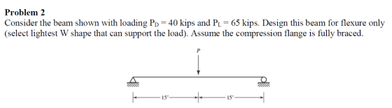 Problem 2 Consider the beam shown with loading Po 40 kips and PL-65 kips. Design this beam for flexure only (select lightest