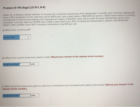 Problem 6-119 (Algo) [LO 6-1, 6-4) Glade, Inc. is trying to decide whether to increase the commission-based pay of its salesp