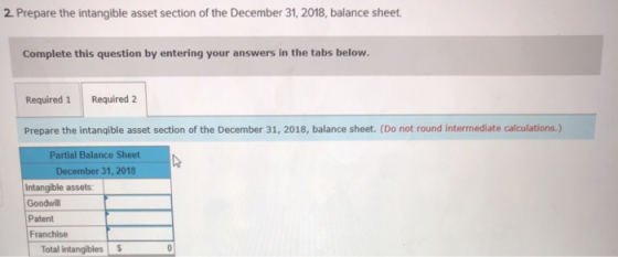 2. Prepare the intangible asset section of the December 31, 2018, balance sheet. Complete this question by entering your answ