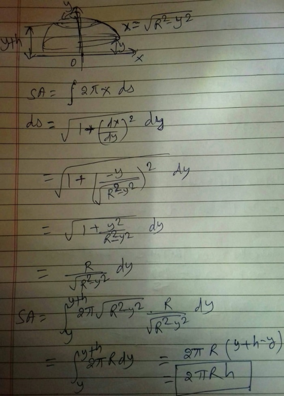 XEVRy2 yth o SA= 29x ds do = 1 + 2 dy + R ²92 y2 dy - 9th JR² y 2 27 R2 y 2 R dy SA y foto marrdy VR2 y 2 - 27 R (gthay) -27R
