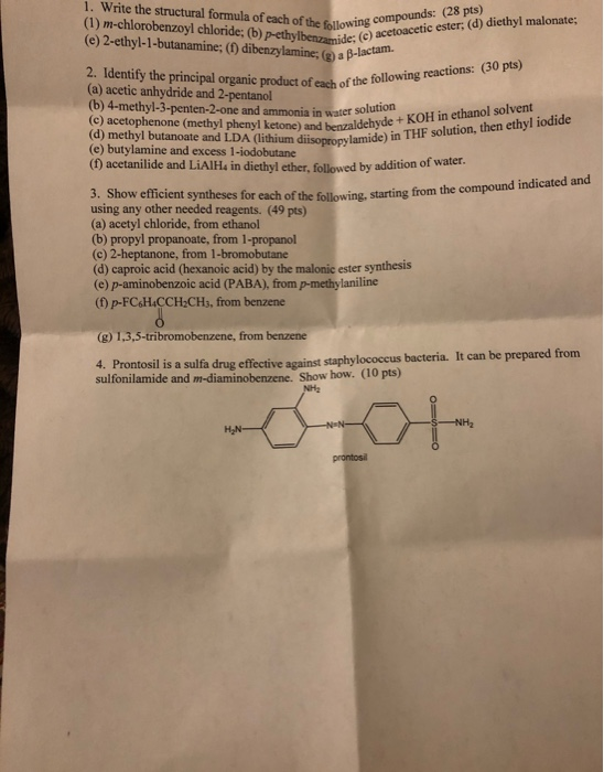 1. Write the structural formula of each of the following co (1) m-chlorobenzoyl chloride; (b) p-ethylbenzamide: (©) (e) 2-eth