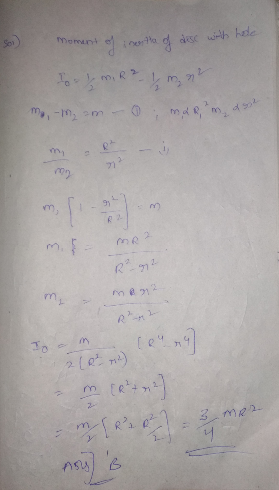 So moment of inestra of dise with hole to = 3 m, R2 LM 2 mem ; md R, ²m 282 R2 12 mg 9 m e - m R 2 m. R 972 my mer2 Io – m 2