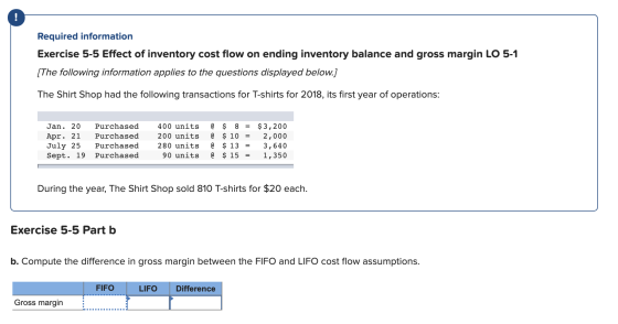 Required information Exercise 5-5 Effect of inventory cost flow on ending inventory balance and gross margin LO 5-1 [The foll