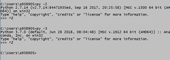 C:\Users\2958905>py - Python 2.7.14 (v2.7.14:84471935ed, Sep 16 2017, 20:25:58) [MSC v.1500 64 bit (AM D64)] on win32 Type h