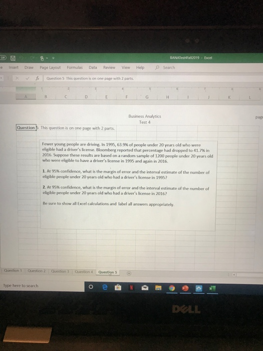 BANATest4Fal12019 Excel OSearch Insert Draw Page Layout Formulas Data Review Help View Question 5 This question is on one pag