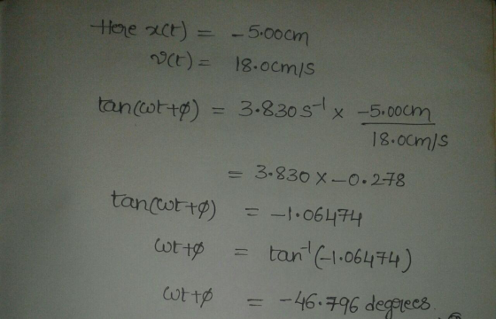 Here act) = -5.00cm (t)= 18.0cm/s taniwt+9) = 3.830 5x -5.000m 18.00mis = 3.830 X-0.278 tanculto) = -1.06474 wtt8 = tan 61.06