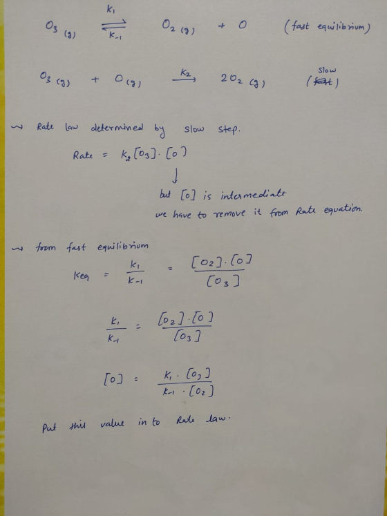 O2(g) + (fast equilibrium) (fast eau к Slow Os cgg & Org Ke 202 (2) taste w step. Rate Law determined by slow Rate = K₂ [03].