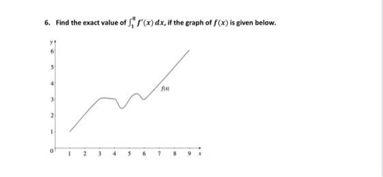 6. Find the exact value of ,* f(x) dx, if the graph of f(x) is given below. 6 5 3 3 2 1 0 2 3 4 5 6 7 8 9