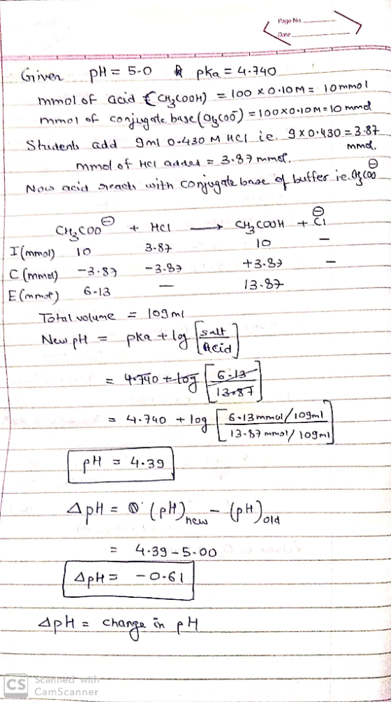 Page Na Date PH= 5-o Mmol of acid Ccoo) Pka 4.740 Giver 1ommol = loo x O 1OM mmot sf coniugte base(Ofcoo) 100xo1MO mmet 9ml o