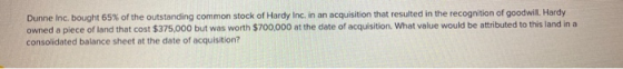 Dunne Inc. bought 65% of the outstanding common stock of Hardy Inc. in an acquisition that resulted in the recognition of goo