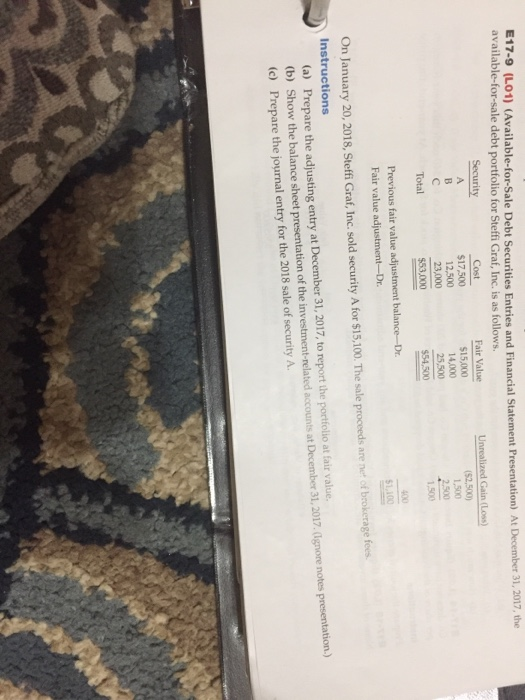 E17-9 (L01) (Available-for-Sale Debt Securities Entries and Financial Statement Presentation) At December 31, 2017, the avail