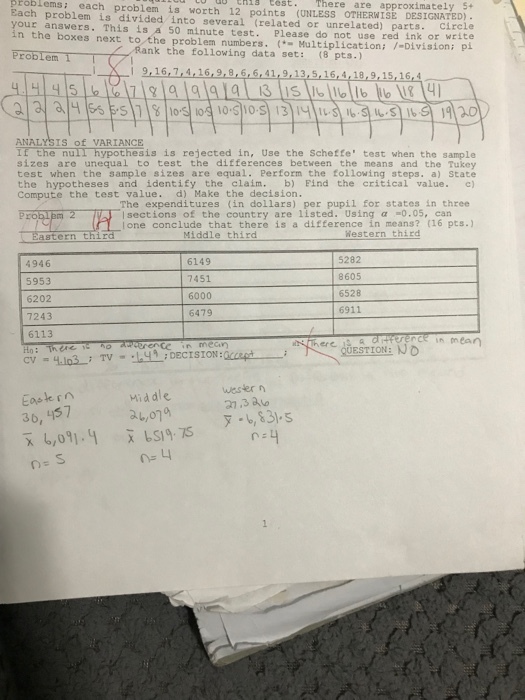 problems: approximately + Each problem is divided into several (related or unrelated) parts. Circle our answers. This is a 50 minute test. Please do not use red ink or write each problem is worth 12 points (UNLESS OTHERWISE DESIGNATED uu eHis Cest. There are the boxes next to the problem numbers. ProbLem I Rank the following data set: (8 pts. Multiplication: /-Divi sioni pi 9,16,7,4,16,9,8,6,6,41,9,13,5,16,4,18,9,15,16,4 ANALYSIS of VARIANCE IE the nulI hypothesis is rejected in, Use the Scheffe test when the sample sizes are unequal to test the differences between the means and the Tukey test when the sample sizes are equal. Perform the following steps. a) State the hypotheses and identify the claim. b) Find the critical value. c) Compute the test value. d) Make the decision. The expenditures (in dollars) per pupil for states in three l sections of the country are listed. Using a0.05, can lone conclude that there is a difterence in means? (16 pts.) Middle third Western third Bastern thi 4946 5953 6202 7243 6113 6149 7451 6000 6479 5282 8605 6528 6911 a difference in mean QUESTION-ND herc wester n 27 ,3 ?? Middle 36, 437