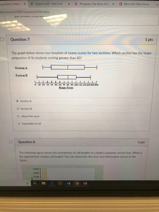 signment2Detat x p PaperCut MF web Print × | A: Persepolis: The Story of ac | a Microsoft Office Horne x om/courses/59487/quizzes/41945/take say veWCCn uce an Question 7 1 pts The graph below shows two boxplots of exams scores for two sections. Which section has the larger proportion of its students scoring greater than 80? Section A Section B 0 10 20 30 40 50 0 7 80 9100 130 120130 140 150 Evam Scop Section A Section B About the same Impossible to tell Question 8 1 pts The following figure shows the distribution of call lengths to a banks customer service line. What is the approximate median call length? You can determine this from the information shown in the hgure 14,000