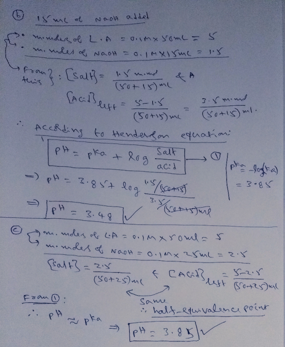 15ml of Nach added So minder of L.A = oumasomt - 5 m. moles of NaoH = 0. IM xisme = 1.8 than?: [salt = 5 mont & A Trotism (Ac
