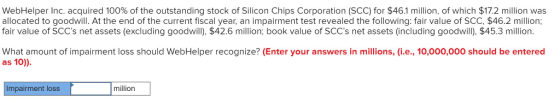 WebHelper Inc. acquired 100% of the outstanding stock of Silicon Chips Corporation (SCC) for $461 million, of which $17.2 million was allocated to goodwill. At the end of the current fiscal year, an impairment test revealed the following: fair value of SCC, $46.2 million; fair value of SCCs net assets (excluding goodwill), $42.6 million; book value of SCCs net assets (including goodwill), $45.3 million. What amount of impairment loss should WebHelper recognize? (Enter your answers in millions, (i.e., 10,000,000 should be entered as 10)) Impairment loss million