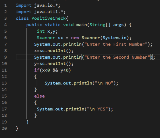 1 import java.io.*; import java.util.*; class PositiveCheck{ public static void main(String[] args) { N m n 00 int x,y; 6 7 9