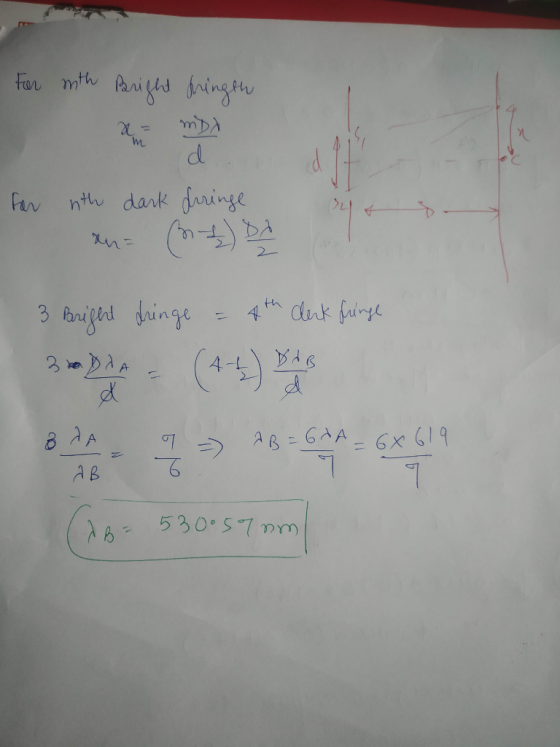 For with Bright dringth W d. for nth dark dringe 3 Bright dringe = 4th dark finge (AB= 530°570m