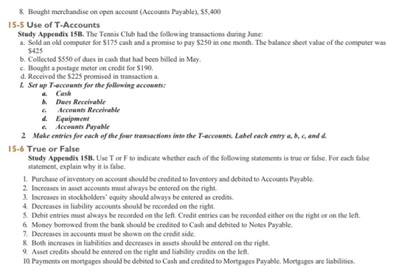 8. Bought merchandise on open account (Accounts Payable), $5,400 15-5 Use of T-Accounts Study Appendix 15B. The Tennis Club h