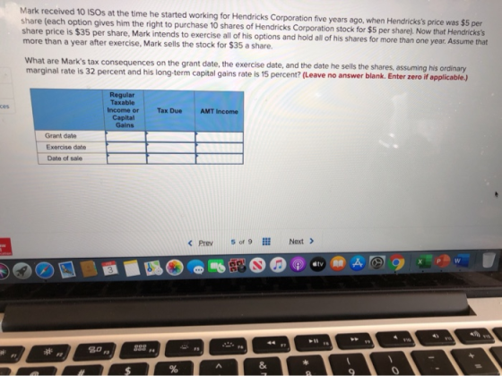 Mark received 10 ISOs at the time he started working for Hendricks Corporation five years ago, when Hendrickss price was $5