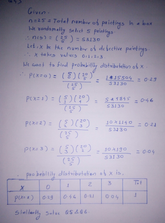 n=25= Toda p number ob paintiys in a box Jde xandomally paitngs Let x be the numbar ot de bective paintings x ta kes values 01 1 2,3 735 53130 2 S S 3130 10 χ 114 ο 0.21 35 (3)(翌) 53130-0.04 2 S 2 ろ