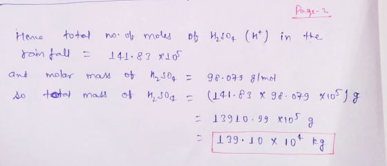 page- Hence total no. of moles of H₂SO (4t) in the rain fall = 141.89 RIOS and molar mass of My Soq = 98.079 g/mol so total m