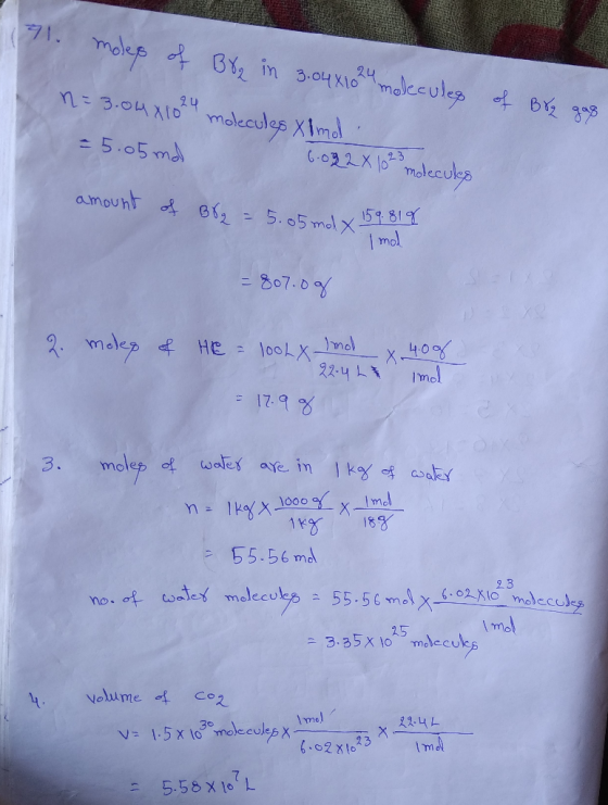 191. moles of B8, in 3.04X1024 molecules n=3.04x1024 molecules Xind : 6.082 x 1023 molecules of Brz gag = 5.05 md amount of B