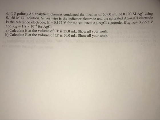 0. (15 points) An analytical chemist conducted the titration of 50.00 mL of 0.100 M Ag using 0.150 M CT solution. Silver wire