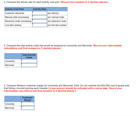2. Compute the activity rate for each activity cost pool. (Round your answers to 2 decimal places.) Activity Rate Activity Co