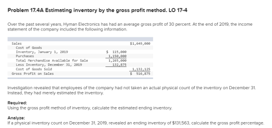 Problem 17.4A Estimating inventory by the gross profit method. LO 17-4 Over the past several years, Hyman Electronics has had