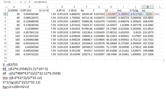 ROUND - x f x =J2+100+H2+12 А C 1 A (in^2) 7.39 B Q (GPM) Q (ft^3/s) 20 0.044560186 40 0.089120372 60 0.133680558 80 0.178240