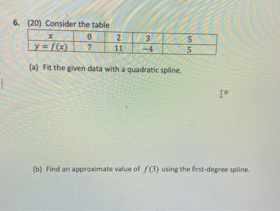 6. (20) Consider the table X 02 3 y = f(x) 7 11 -4 (a) Fit the given data with a quadratic spline. (b) Find an approximate va