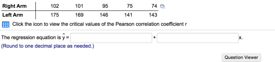 Right Arm 102 101 95 75 74 0 Left Arm 175 169 146 141 - 143 Click the icon to view the critical values of the Pearson correla