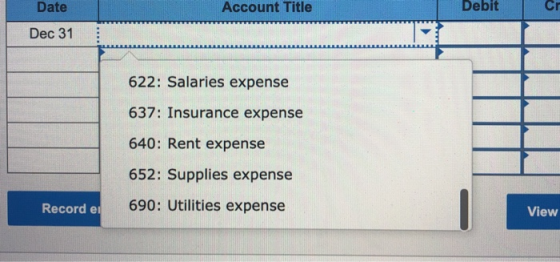 Date Account Title Debit Cr Dec 31 622: Salaries expense 637: Insurance expense 640: Rent expense 652: Supplies expense Recor