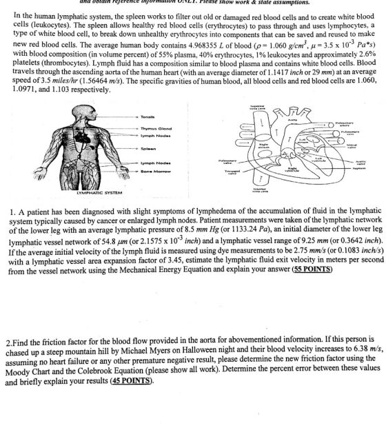 na obnerence yorm Flease sShow work & state assumptions. In the human lymphatic system, the spleen works to filter out old or damaged red blood cells and to create white blood cells (leukocytes). The spleen allows healthy red blood cells (erythrocytes) to pass through and uses lymphocytes, a type of white blood cell, to break down unhealthy erythrocytes into components that can be saved and reused to make new red blood cells. The average human body contains 4.968355 L of blood (p 1.060 g/cm3, H- 3.5 x 103 Pa*s) with blood composition (in volume percent) of 55% plasma, 40% erythrocytes, 1 % leukocytes and approximately 2.6% platelets (thrombocytes). Lymph fluid has a composition similar to blood plasma and contains white blood cells. Blood travels through the ascending aorta of the human heart (with an average diameter of 1.1417 inch or 29 mm) at an average speed of 3.5 miles/hr (1.56464 mt/s). The specific gravities of human blood, all blood cells and red blood cells are l .060, 1.0971, and 1.103 respectively. Tonsils Thymus Gland ymph Nodes Bone MarrTOW LYMPHATIC SYSTEM 1. A patient has been diagnosed with slight symptoms of lymphedema of the accumulation of fluid in the lymphatic system typically caused by cancer or enlarged lymph nodes. Patient measurements were taken of the lymphatic network of the lower leg with an average lymphatic pressure of 8.5 mm Hg (or 1133.24 Pa), an initial diameter of the lower leg lymphatic vessel network of 54.8 m (or 2.1575 x 10° inch) and a lymphatic vessel range of 9.25 mm (or 0.3642 inch) If the average initial velocity of the lymph fluid is measured using dye measurements to be 2.75 mm/s (or 0.1083 inch/s) with a lymphatic vessel area expansion factor of 3.45, estimate the lymphatic fluid exit velocity in meters per second from the vessel network using the Mechanical Energy Equation and explain your answer (55 POINTS) -3 2.Find the friction factor for the blood flow provided in the aorta for abovementioned information. If this person is chased up a steep mountain hill by Michael Myers on Halloween night and their blood velocity increases to 6.38 m/s assuming no heart failure or any other premature negative result, please determine the new friction factor using th Moody Chart and the Colebrook Equation (please show all work). Determine the percent error between these values and briefly explain your results (45 POINTS)