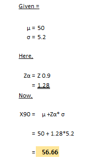 Given = u = 50 o = 5.2 Here. Za = 20.9 = 1.28 Now, X90 = u +Za* o = 50 +1.28*5.2 = 56.66