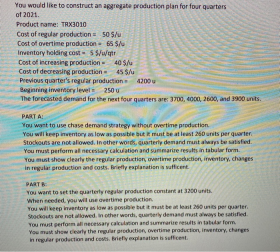 You would like to construct an aggregate production plan for four quarters of 2021. Product name: TRX3010 Cost of regular pro