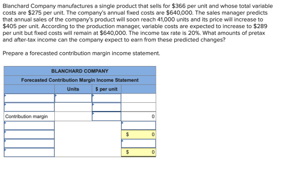 Blanchard Company manufactures a single product that sells for $366 per unit and whose total variable costs are $275 per unit