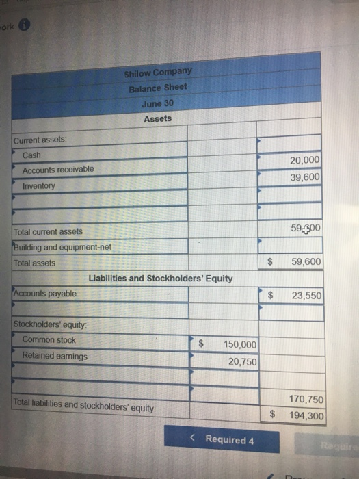 work o Shilow Company Balance Sheet June 30 Assets Current assets: Cash Accounts receivable Inventory 20,000 39,600 1 59.600