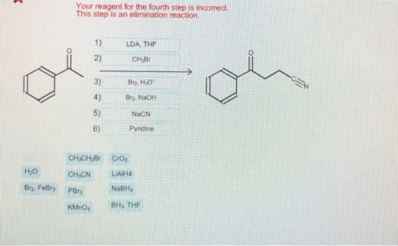 Your reagent for the fourth step is incorrect. This step is an elimination reaction. 1) LDA, THE 2) CH3BT 3) Bry, H,09 4) Bry