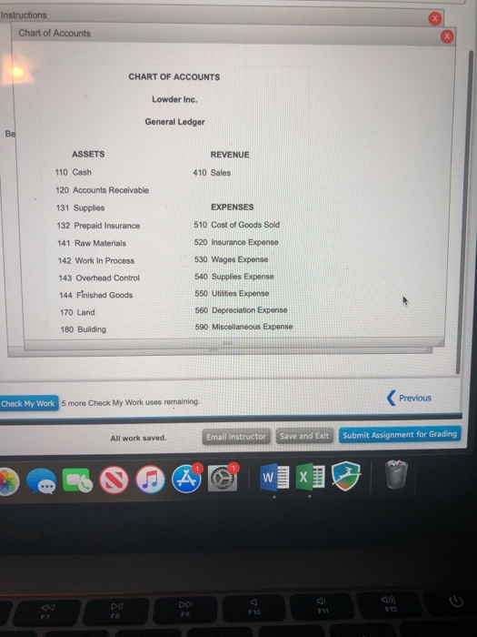 Instructions Chart of Accounts CHART OF ACCOUNTS Lowder Inc. General Ledger REVENUE 410 Sales ASSETS 110 Cash 120 Accounts Re