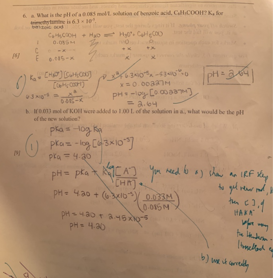 6. a. What is the pH of a 0.085 mol/L solution of benzoic acid, C.HSCOOH? K, for trimethylamine is 6.3 x 10. obenzoic audi 90