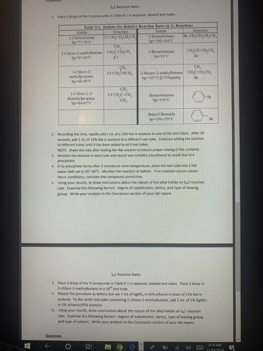 52 Reaction Rates 1. Pace drops of the compounds in the 9.1 in separate labeled test tubes Table 9.11 FE for Relative Reactio