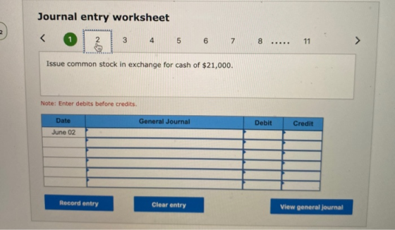 Journal entry worksheet < 1 3 4 5 6 7 8 ..... 11 Issue common stock in exchange for cash of $21,000. Note: Enter debits befor