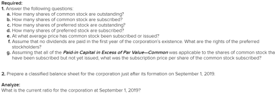 Required: 1. Answer the following questions: a. How many shares of common stock are outstanding? b. How many shares of common