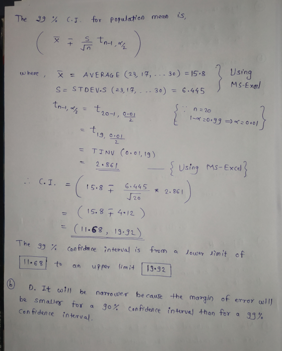 The 99% C.I. for population mean is +] s tnt,& where = AVERAGE (23, 17, --- 30) = 15.8 Using MS-Excel S= STDEV.S (23, 17, 30)