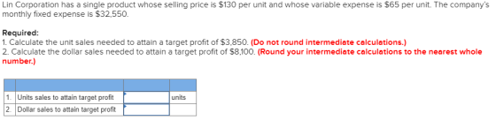 Lin Corporation has a single product whose selling price is $130 per unit and whose variable expense is $65 per unit. The com