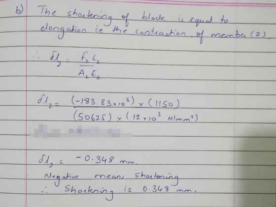 b The shortening of block is equal to elongation be the contraction of member (2) A, E, (-183.83x103) x (1150) (50625) x ( 12