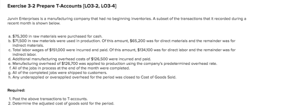 Exercise 3-2 Prepare T-Accounts [LO3-2, LO3-4) Jurvin Enterprises is a manufacturing company that had no beginning inventorie