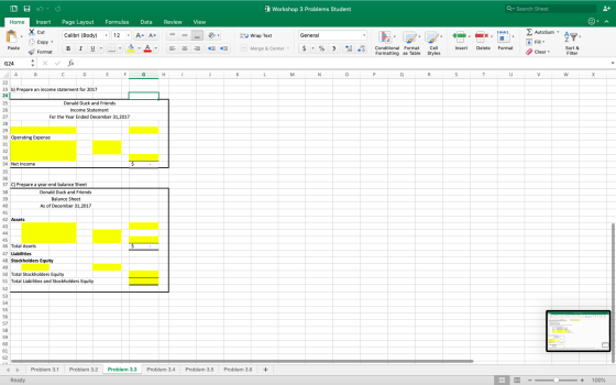 Workshop 3 Problems Student Q Search Sheet Home Insert , Xcut Copy View = D Σ AutoSum ΑΩ, General E Wrap Text Merge & Center