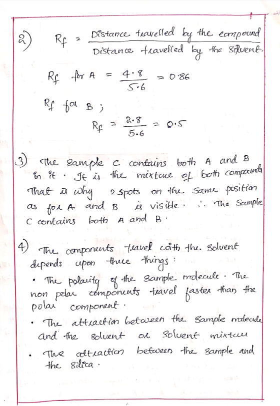 Rr 2 Distance feavelled by the campound Distance travelled by the solvent. R6 for A=4.8 20.86 5.6 Rf for B; Rp = 2-0.5 5.6 3